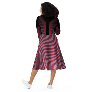 Red Striped Long Sleeve Midi Dress Statement Style - Dipaliz - Dresses