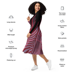 Red Striped Long Sleeve Midi Dress Statement Style - Dipaliz - Dresses