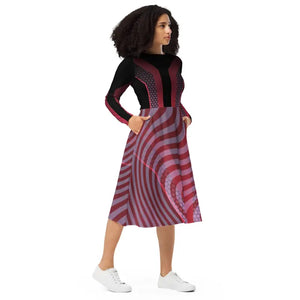 Red Striped Long Sleeve Midi Dress Statement Style - Dipaliz - Dresses