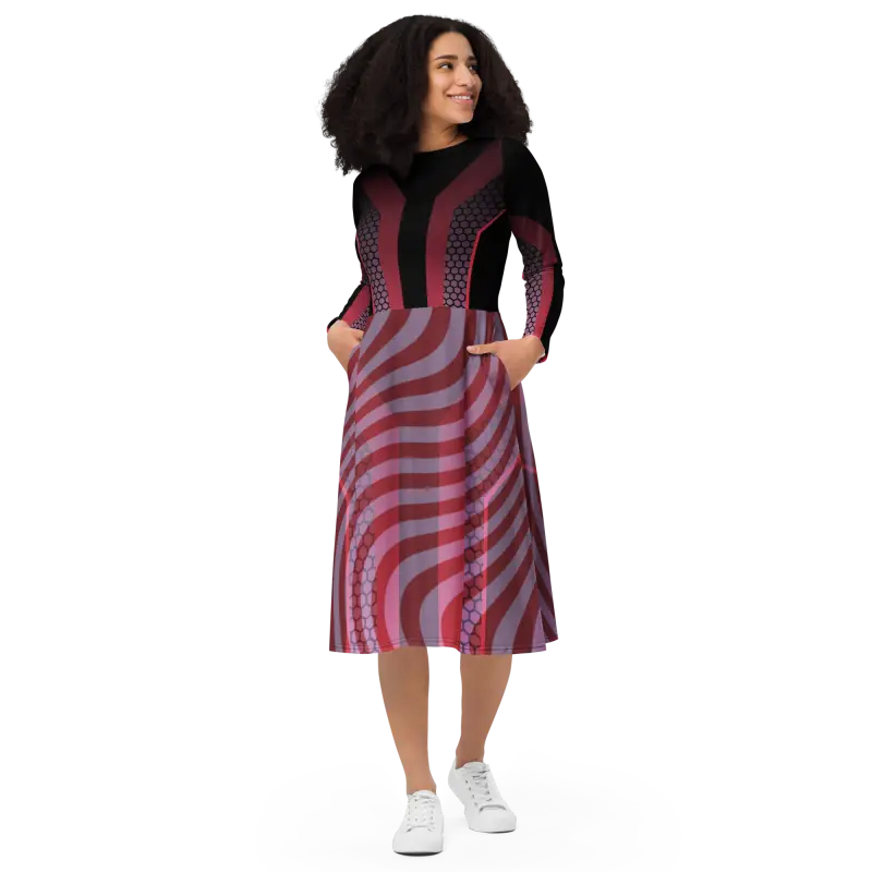 Stun in Style with a Red Striped Long Sleeve Midi Dress - Dresses