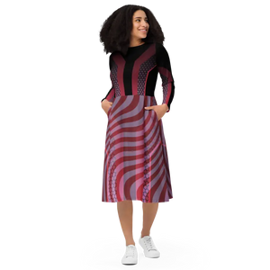 Red Striped Long Sleeve Midi Dress Statement Style - Dipaliz - Dresses