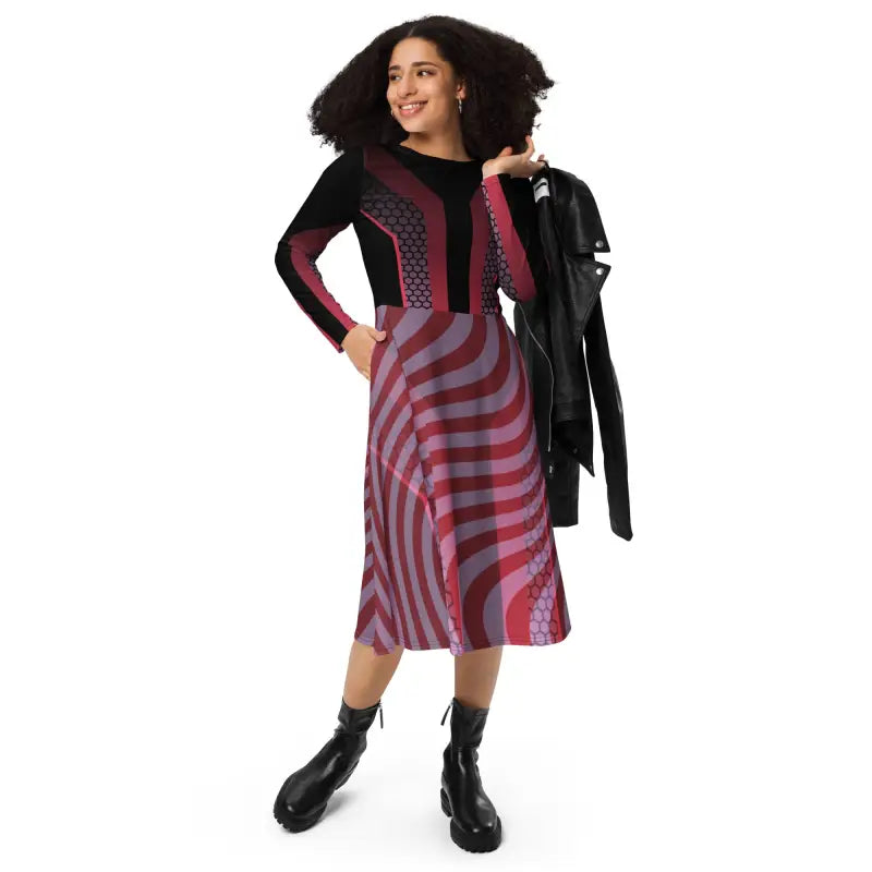 Stun in Style with a Red Striped Long Sleeve Midi Dress - Xs Dresses