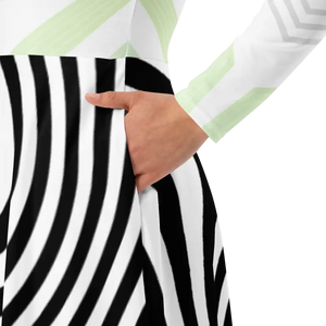 Swirling Black Stripes Long Sleeve Midi Dress Magic - Dipaliz - Dresses