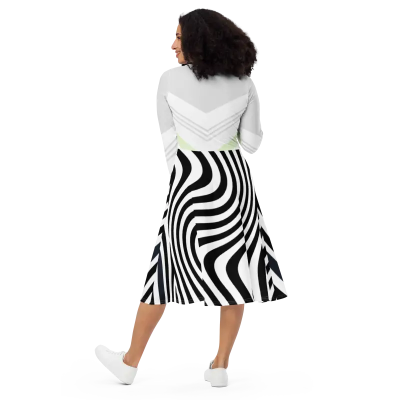 Swirling Black Stripes Long Sleeve Midi for Showstopping Style - Dresses