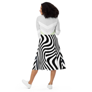 Swirling Black Stripes Long Sleeve Midi Dress Magic - Dipaliz - Dresses