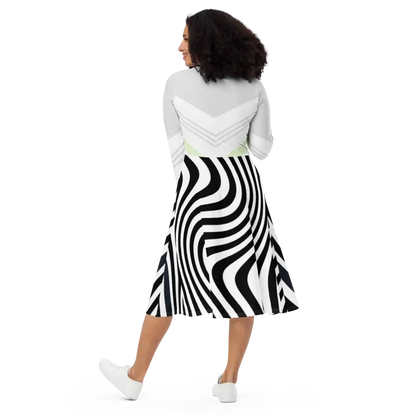 Swirling Black Stripes Long Sleeve Midi for Showstopping Style - Dresses