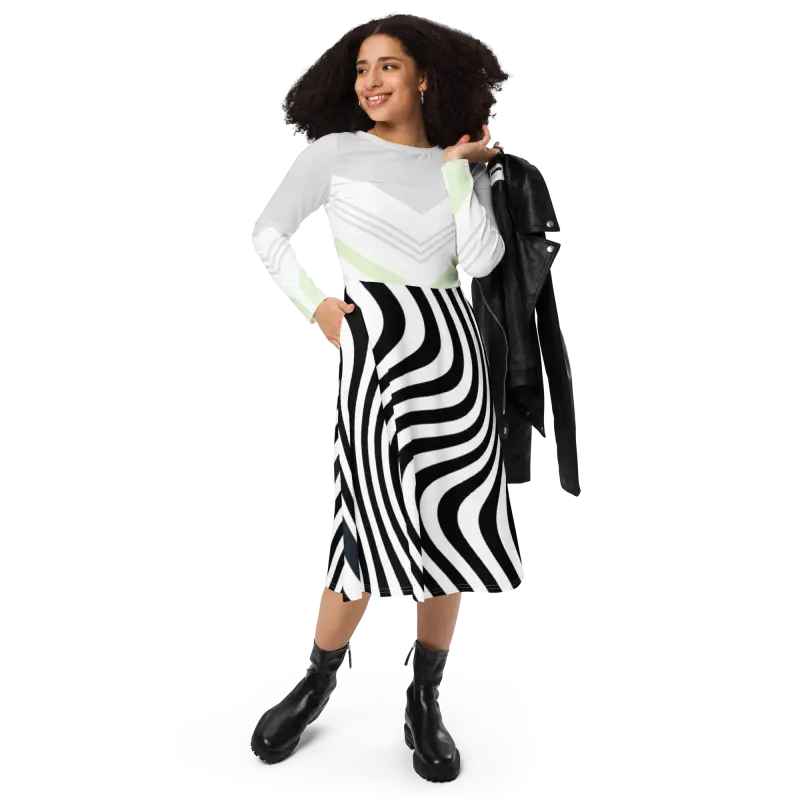 Swirling Black Stripes Long Sleeve Midi for Showstopping Style - Xs Dresses