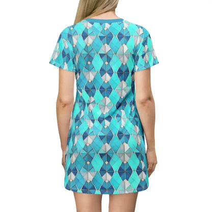 Aqua Blue Geometric Shirt Dress: Style and Comfort Combined - All Over Prints