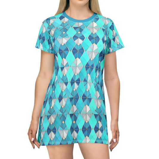 Aqua Blue Geometric Shirt Dress: Style and Comfort Combined - Xs All Over Prints