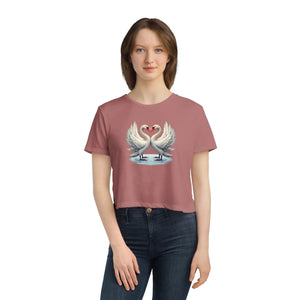 Flowy Cropped Tee Enchanting Two Swans Heart - Dipaliz - Hoodies