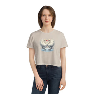 Flowy Cropped Tee Enchanting Two Swans Heart - Dipaliz - Hoodies