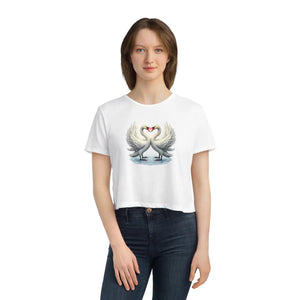 Flowy Cropped Tee Enchanting Two Swans Heart - Dipaliz - Hoodies