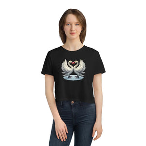 Flowy Cropped Tee Enchanting Two Swans Heart - Dipaliz - Hoodies