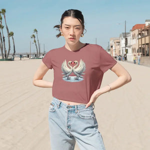 Flowy Cropped Tee Enchanting Two Swans Heart Design - Dipaliz - Hoodies