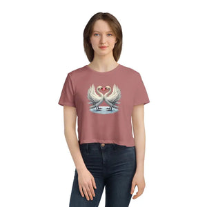 Flowy Cropped Tee Enchanting Two Swans Heart Design - Dipaliz - Hoodies