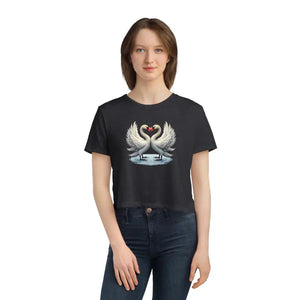 Flowy Cropped Tee Enchanting Two Swans Heart Design - Dipaliz - Hoodies