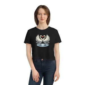 Flowy Cropped Tee Enchanting Two Swans Heart Design - Dipaliz - Hoodies