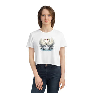 Flowy Cropped Tee Enchanting Two Swans Heart Design - Dipaliz - Hoodies