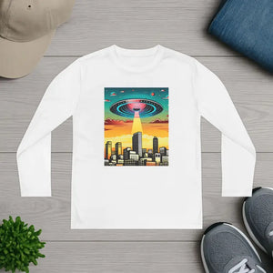 Ufo on a City with High Rise Buildings Youth Long Sleeve Competitor Tee - White / s - T-shirts