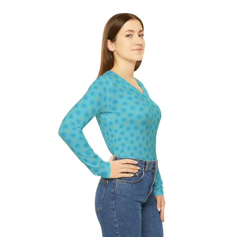 Chic Blue Long Sleeve V-neck Shirt: Style Meets Comfort - All Over Prints