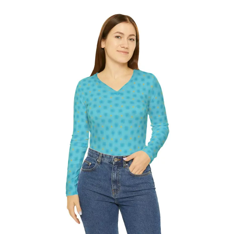 Chic Blue Long Sleeve V-neck Shirt: Style Meets Comfort - All Over Prints