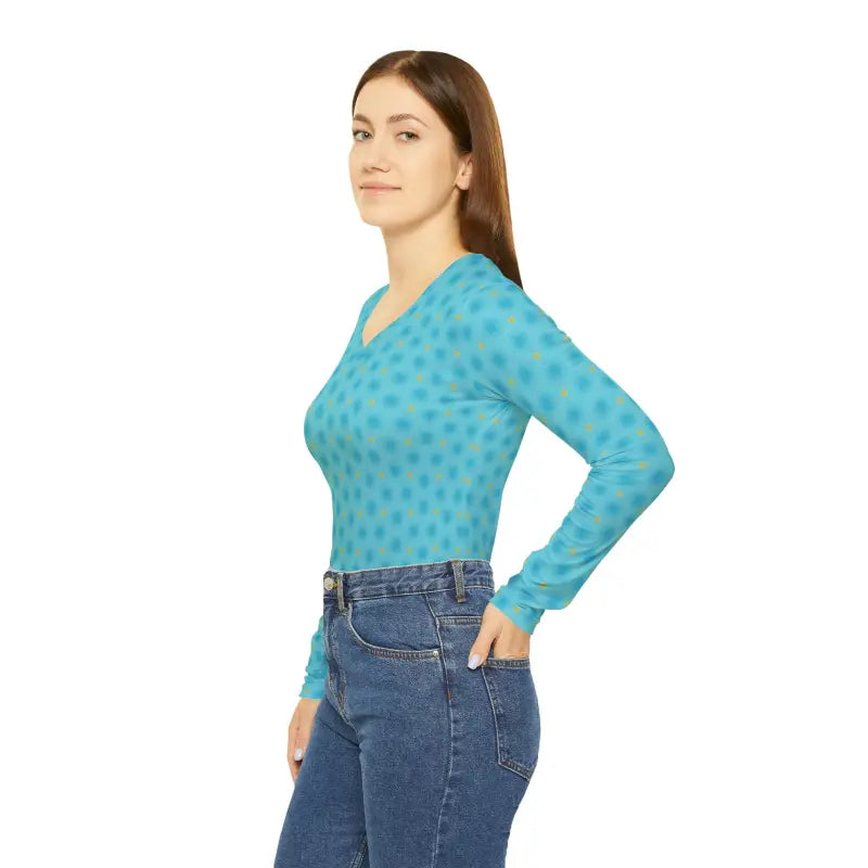 Chic Blue Long Sleeve V-neck Shirt: Style Meets Comfort - All Over Prints