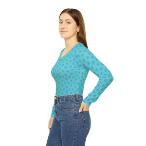 T-shirt - Long Sleeve v Neck Shirt - Blue Spandex Comfort - Dipaliz
