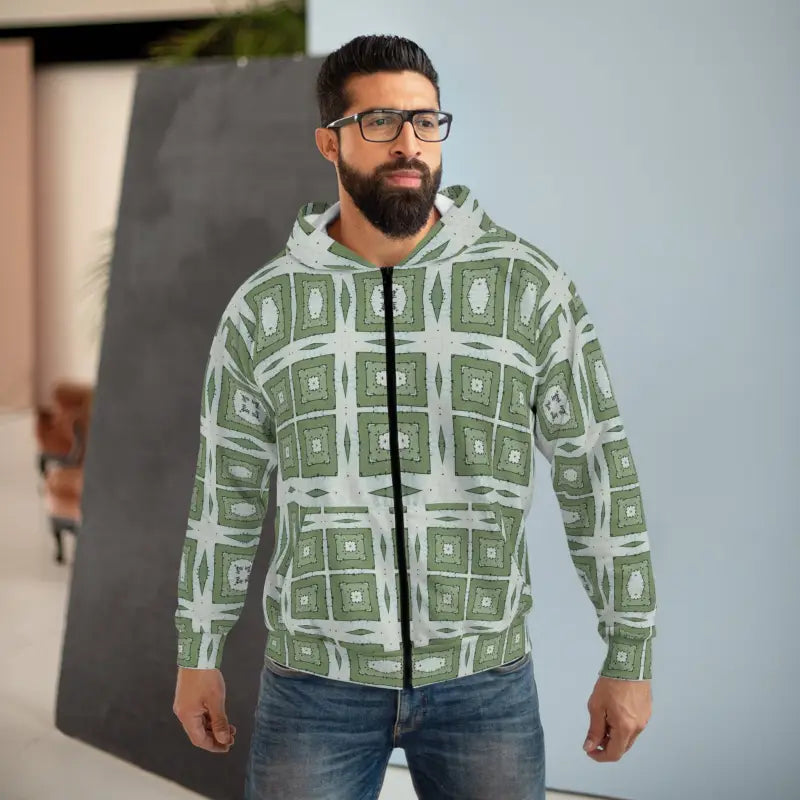 Stay Cozy in Style: Green Geometric Abstract Zip Hoodie - All Over Prints