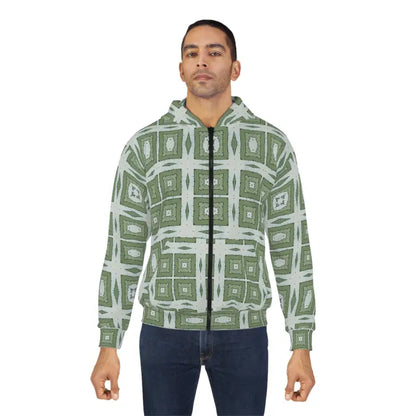 Stay Cozy in Style: Green Geometric Abstract Zip Hoodie - All Over Prints