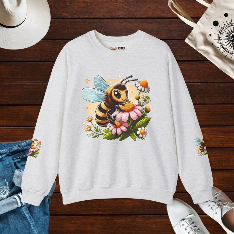 Unisex Heavy Blend Crewneck with Enchanting Bee & Flower Design - Ash / s Sweatshirt