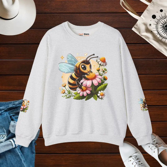 Unisex Heavy Blend Crewneck with Enchanting Bee & Flower Design - Ash / s Sweatshirt