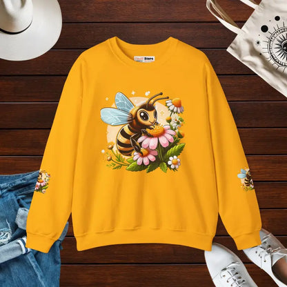 Unisex Heavy Blend Crewneck with Enchanting Bee & Flower Design - Gold / s Sweatshirt