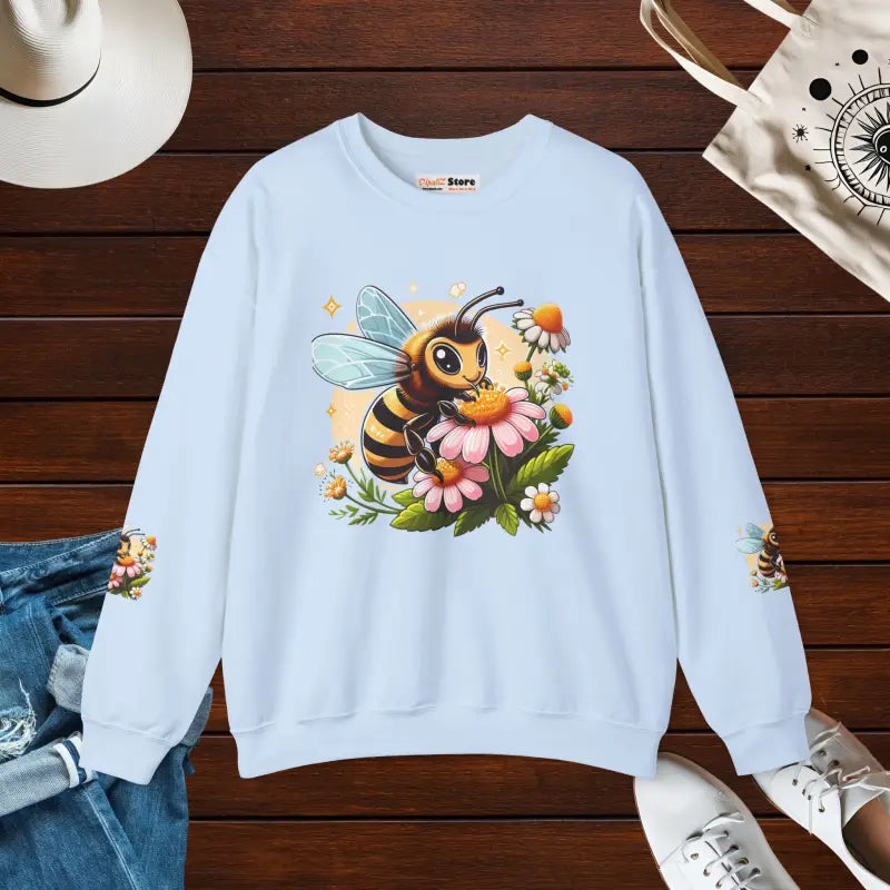 Unisex Heavy Blend Crewneck with Enchanting Bee & Flower Design - Light Blue / s Sweatshirt