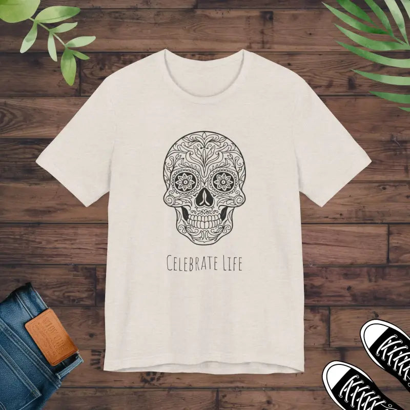 Celebrate Life in Style: Cool Sugar Skull Jersey Tee - Heather Dust / s T-shirt