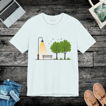 Unisex Jersey Tee with Cozy Airlume & Lamp Post Design - Heather Ice Blue / s T-shirt