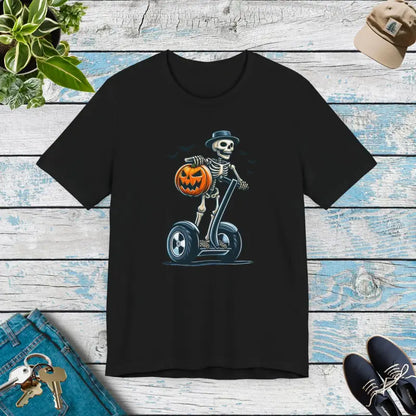 Unisex Jersey Tee: Skeleton on Segway Halloween Fun🎃 - Black / s T-shirt