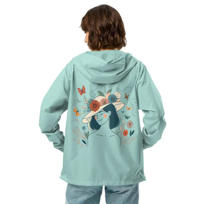 Unisex Lightweight Windbreaker with Floral Butterfly Magic Hat - Aqua/white Zipper / Xs