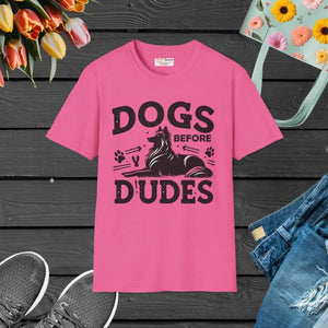 Unisex Softstyle T-shirt - Dogs Before Dudes Graphic - Dipaliz - s / Heather Heliconia - T-shirts