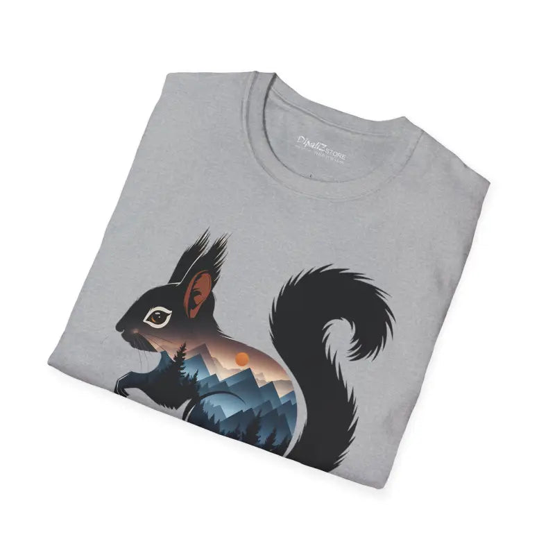 Unisex Softstyle T-shirt: Whimsical Squirrel & Mountain Bliss - T-shirt