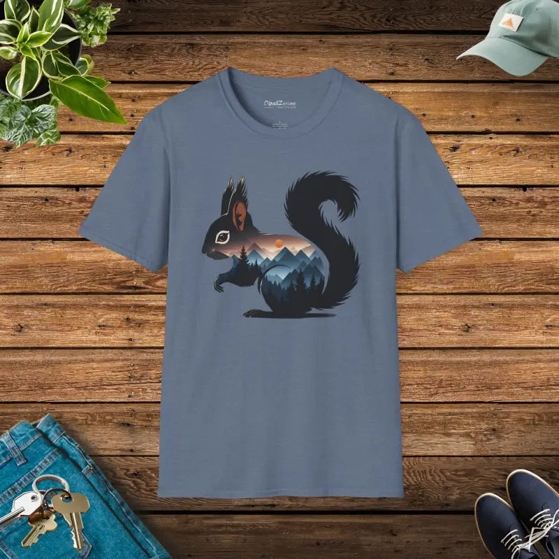 Unisex Softstyle T-shirt: Whimsical Squirrel & Mountain Bliss - Heather Indigo / s T-shirt