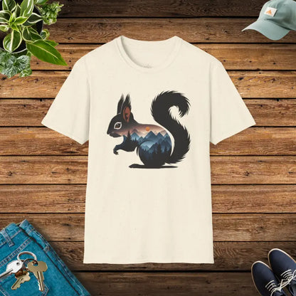 Unisex Softstyle T-shirt: Whimsical Squirrel & Mountain Bliss - Natural / s T-shirt