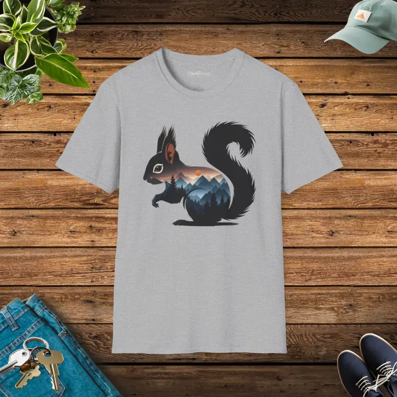 Unisex Softstyle T-shirt: Whimsical Squirrel & Mountain Bliss - Sport Grey / s T-shirt