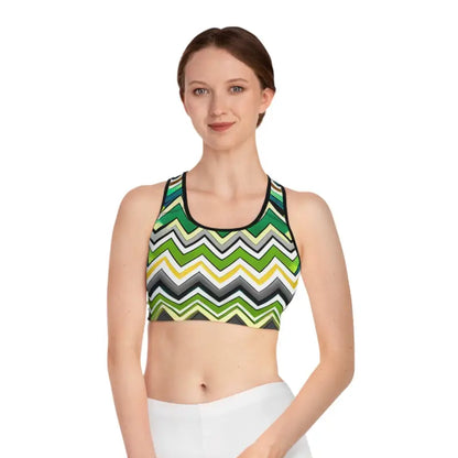 Unleash Power with the Green Zig Zag Sports Bra - s / Black Stitching All Over Prints