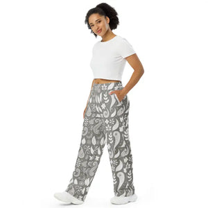 Wide-leg Pants with Adjustable Waist Paisley Pattern - Dipaliz