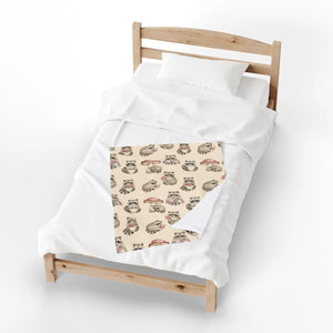 Velveteen Plush Blanket, Cozy Woodland Raccoon & Mushroom Throw - Blankets