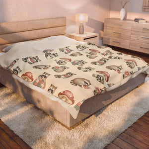 Warm mushroom caps against muted forest tones on the DipaliZ blanket