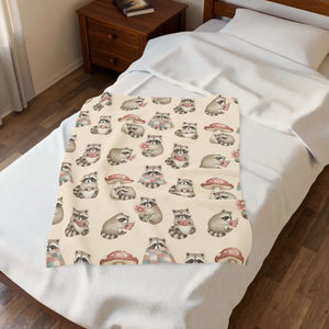 Velveteen Plush Blanket, Cozy Woodland Raccoon & Mushroom Throw - Blankets