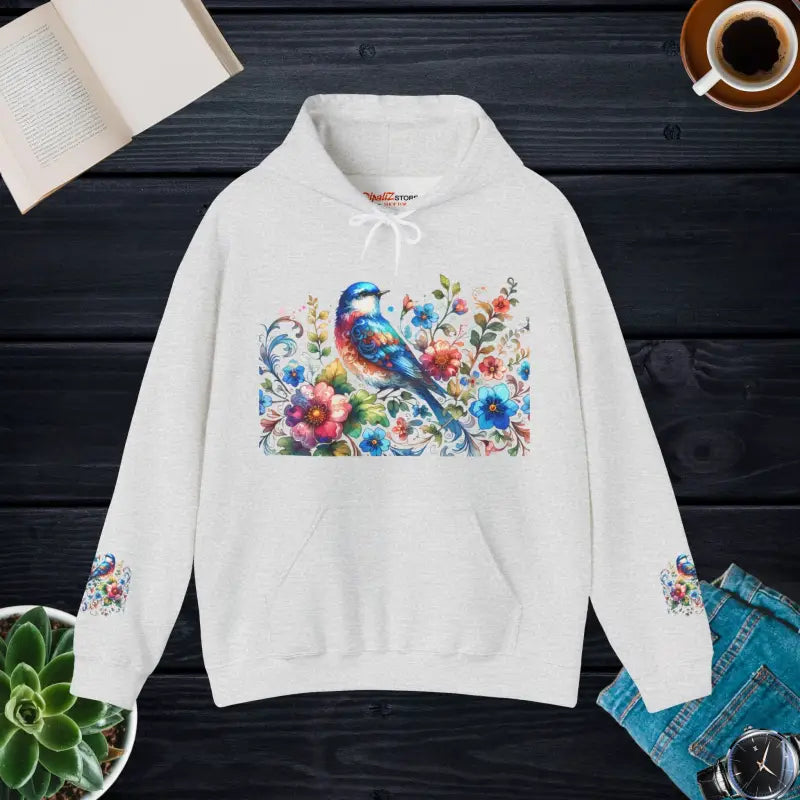 Vibrant Bird & Flower Unisex Heavy Hooded Sweatshirt - Ash / s Hoodie