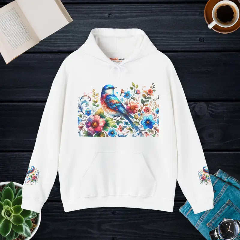 Vibrant Bird & Flower Unisex Heavy Hooded Sweatshirt - White / s Hoodie