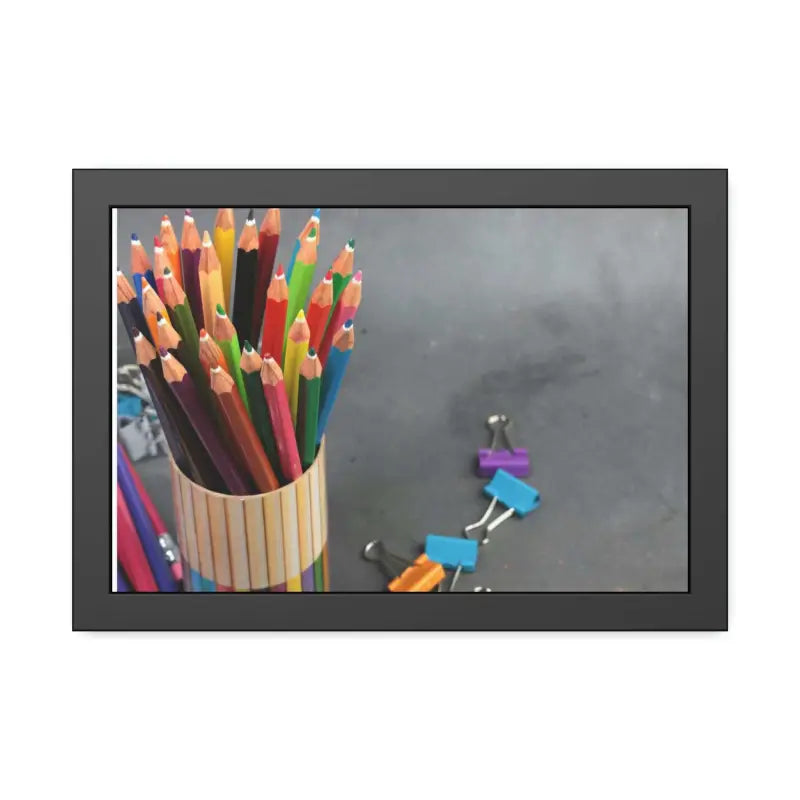 Vibrant Color Pencils with Sleek Stand for Artistic Flair - 18″ x 12″ (horizontal) / Black Frame / Fine Art Poster